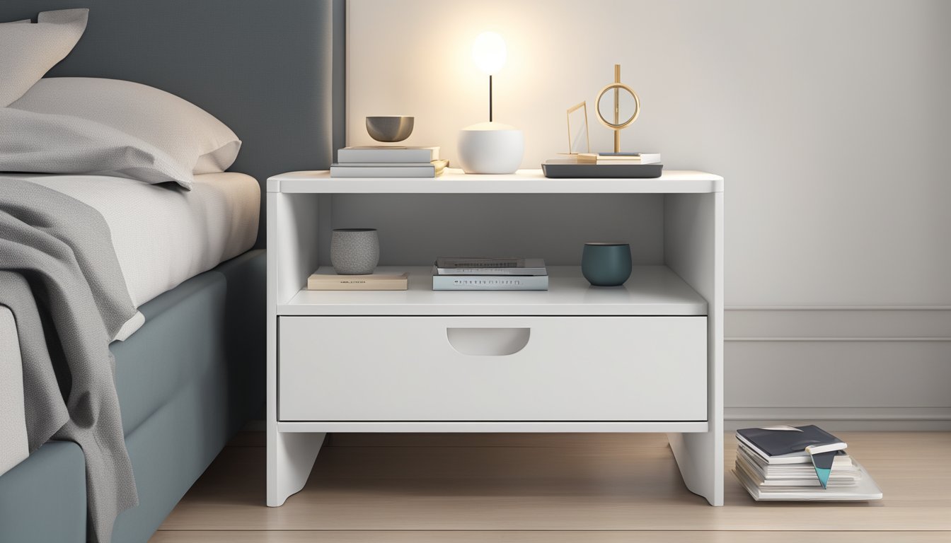 A modern white bedside table with sleek lines and minimalist design sits next to a bed, featuring a single drawer and open shelf