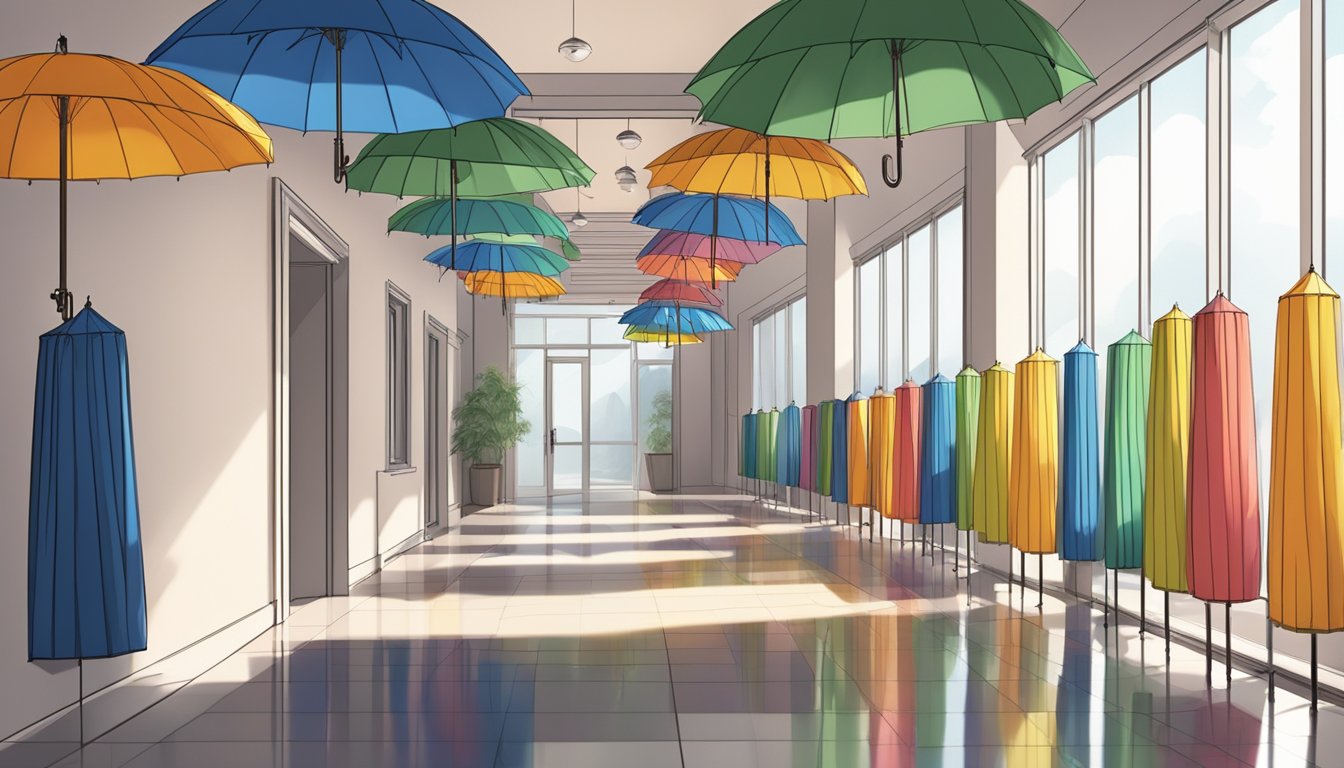 A hallway with rows of umbrella holders, some empty, some holding colorful umbrellas. Light filters in through a nearby window, casting shadows on the floor