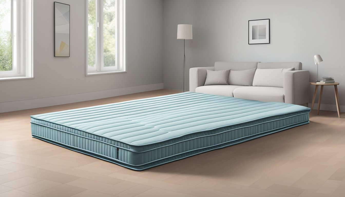 A folding mattress lies on the floor, half unfolded with its creases visible