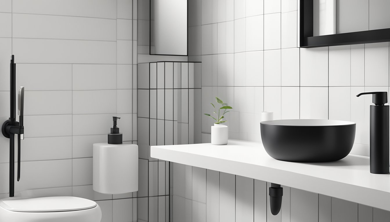 A sleek black toilet brush, plunger, and soap dispenser sit on a modern white sink in a clean, minimalist bathroom in Singapore
