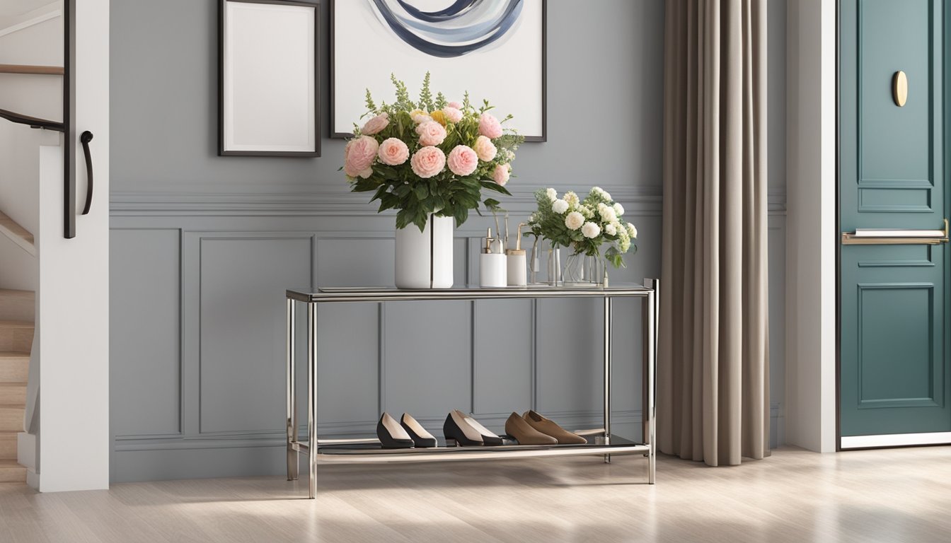 A sleek, modern umbrella holder stands next to a stylish entryway table, with a few umbrellas neatly tucked inside. The holder is made of metal with a glossy finish, and the table is adorned with a vase of fresh flowers