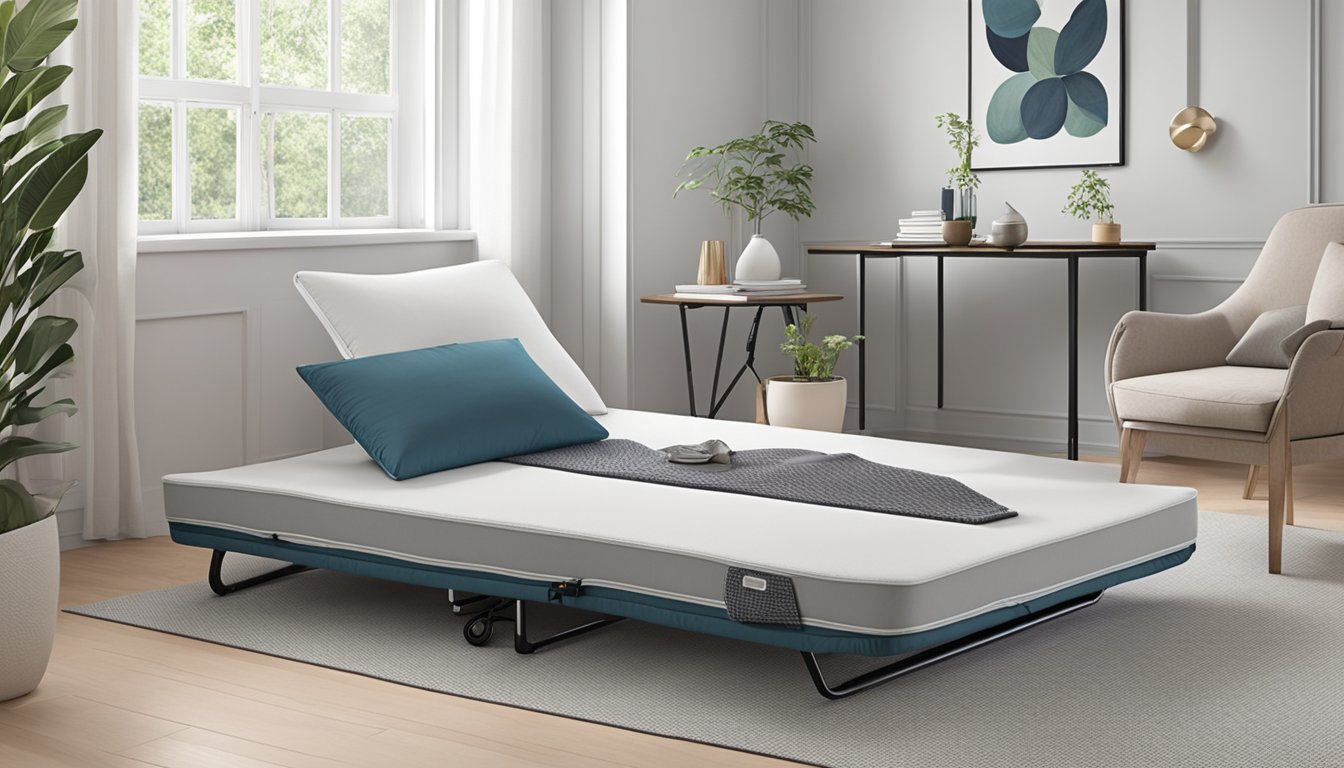 A folding mattress unfolds on a cozy bed, showcasing its versatility and convenience. Its compact design and comfortable padding make it an ideal choice for small spaces and overnight guests