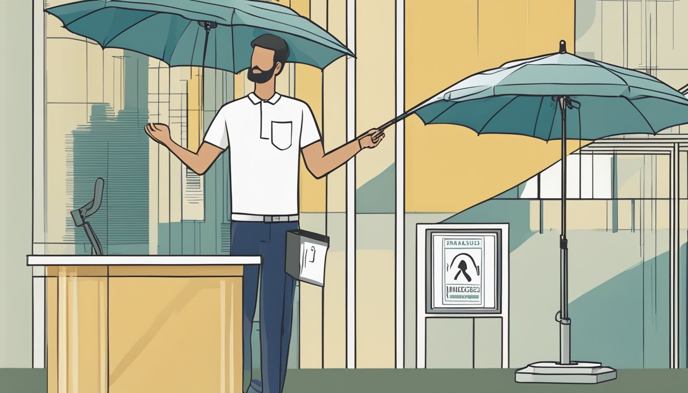 A hand reaches out to grab an umbrella from a stand labeled "Frequently Asked Questions umbrella holder." The stand is sleek and modern, with a clear sign indicating its purpose