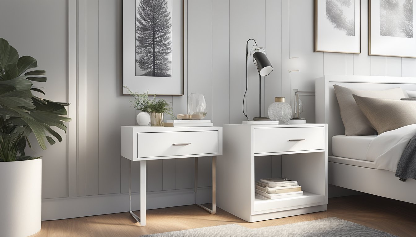 A modern white bedside table with clean lines and sleek hardware sits in a well-lit room, surrounded by a few carefully chosen decorative items