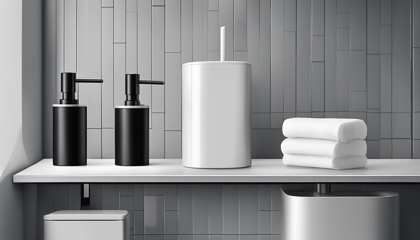 A sleek black toilet brush, soap dispenser, and tissue holder sit on a modern bathroom counter in Singapore