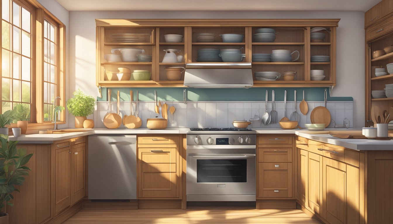 A moveable kitchen cabinet slides open, revealing shelves of neatly organized dishes and cookware. The sunlight streams in through the window, casting a warm glow on the wooden cabinet