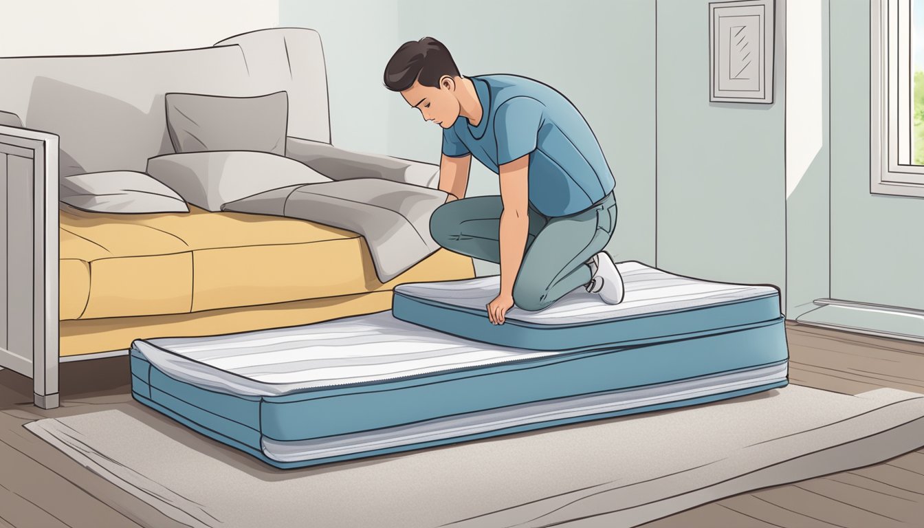 A person unfolds a folding mattress, examining its size and comfort