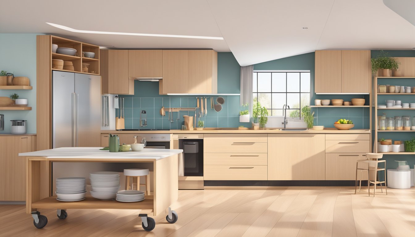 A moveable kitchen cabinet on wheels, with sleek modern design, open shelves, and a pull-out cutting board. Bright kitchen with natural light