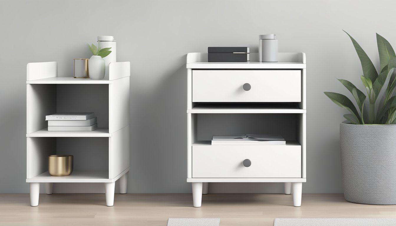 A modern white bedside table with clean lines and minimalistic design, featuring a drawer and open shelf for storage