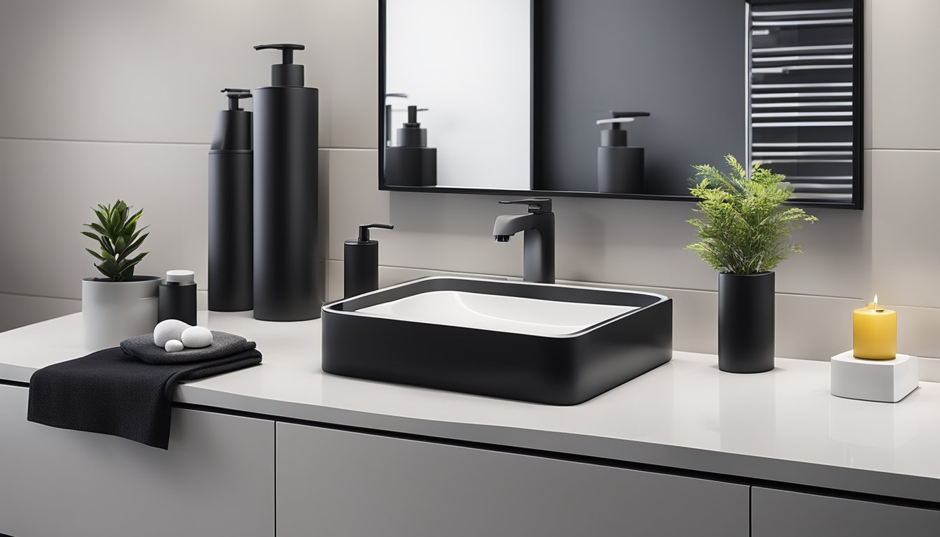 A display of black toilet accessories arranged neatly on a sleek, modern bathroom countertop in Singapore