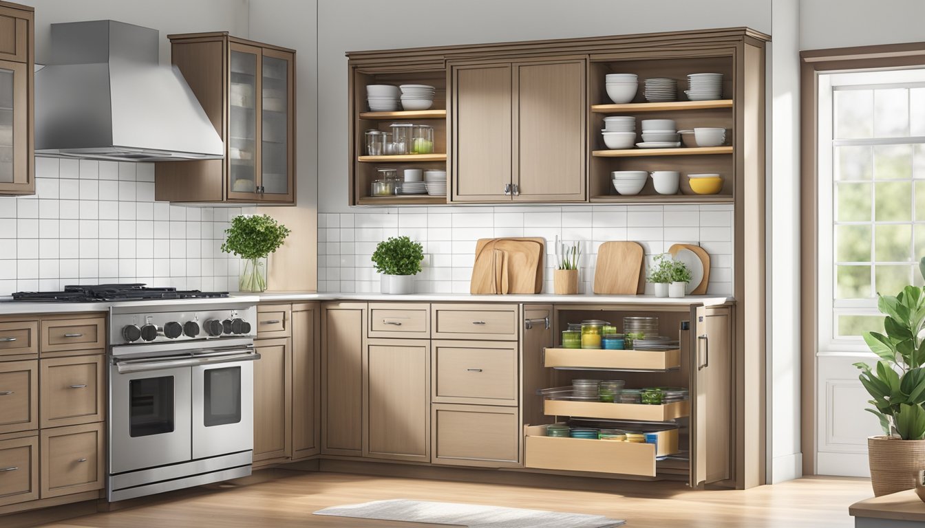 A moveable kitchen cabinet opens to reveal shelves and compartments, showcasing its practical benefits and versatility