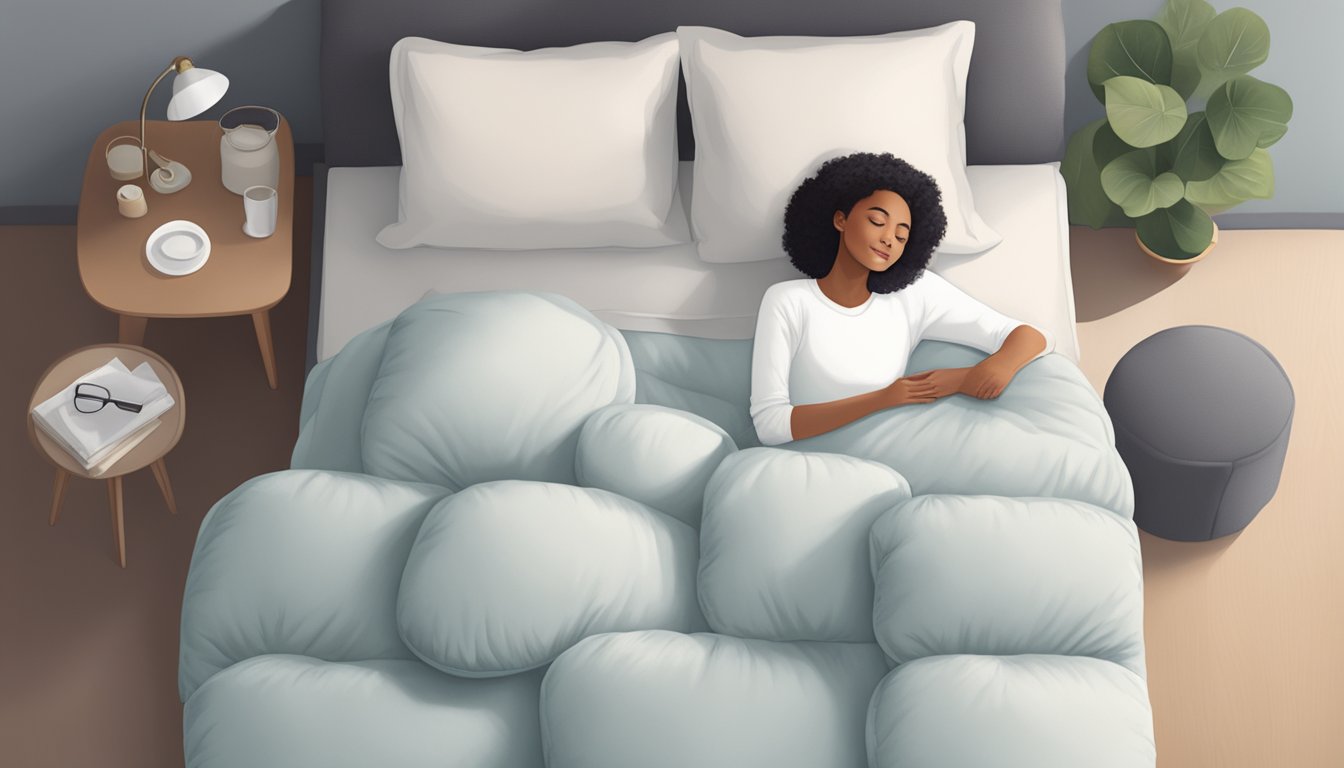 A person lying on a firm mattress with a neutral expression, surrounded by pillows and a supportive mattress topper