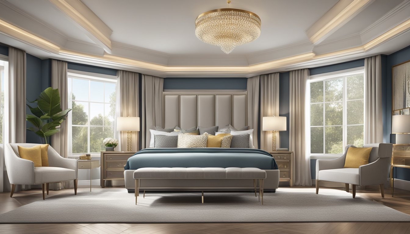 A spacious bedroom with a grand, regal bed at the center, featuring a king and queen mattress size, adorned with luxurious bedding and elegant decor