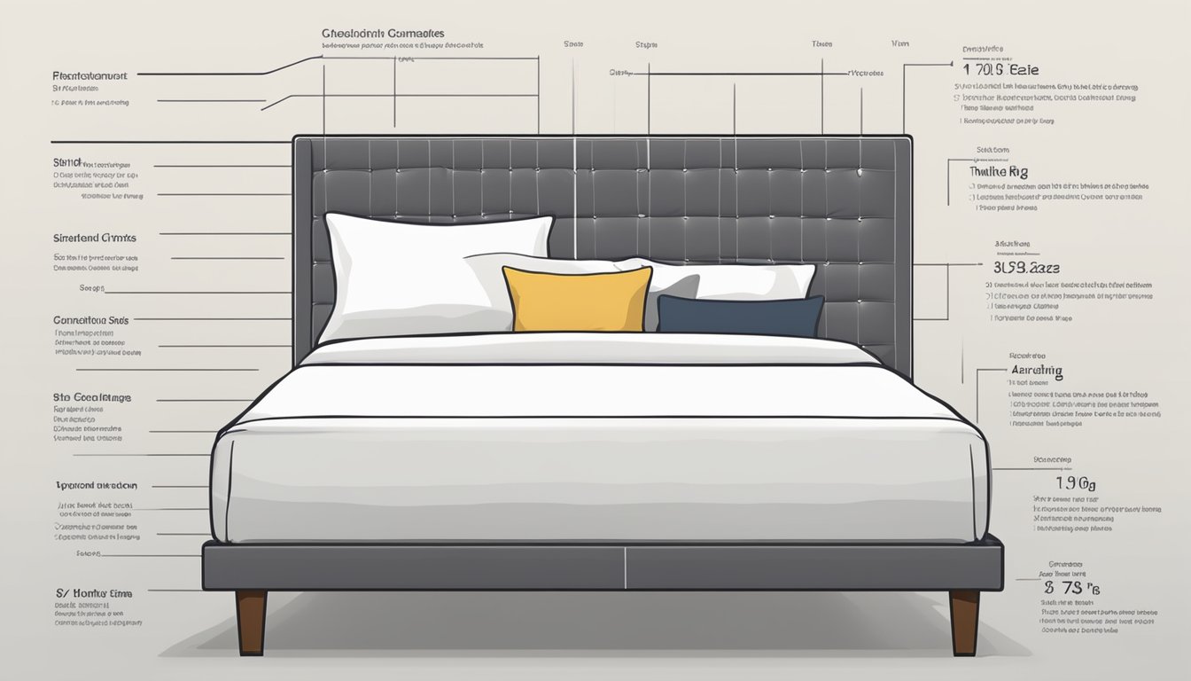 A bed size chart displayed on a wall, with clear measurements in inches and labeled categories for twin, full, queen, and king sizes