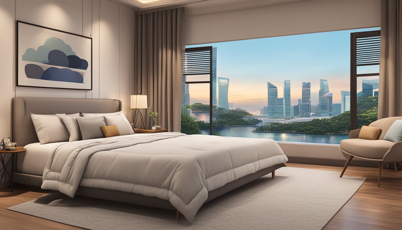 A super single mattress, 42 inches wide and 80 inches long, sits in a cozy bedroom in Singapore. The mattress is adorned with soft, luxurious bedding, and surrounded by warm, inviting decor
