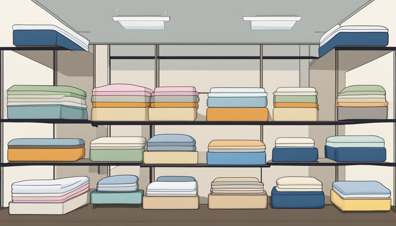 A room with various mattresses, each labeled with their respective sizes in inches, displayed on a chart for reference