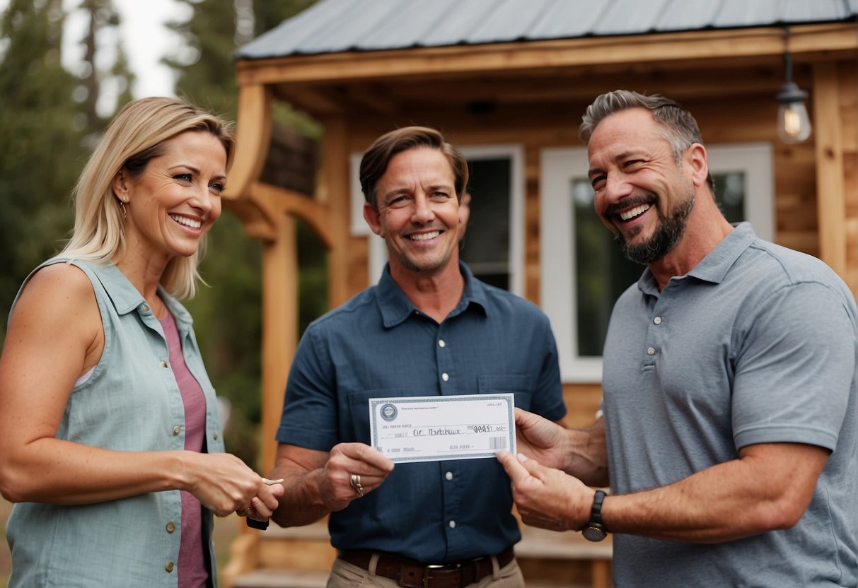A couple excitedly receives keys to their new tiny house, while a representative from the TV show "Tiny House Nation" hands over a check for the cost