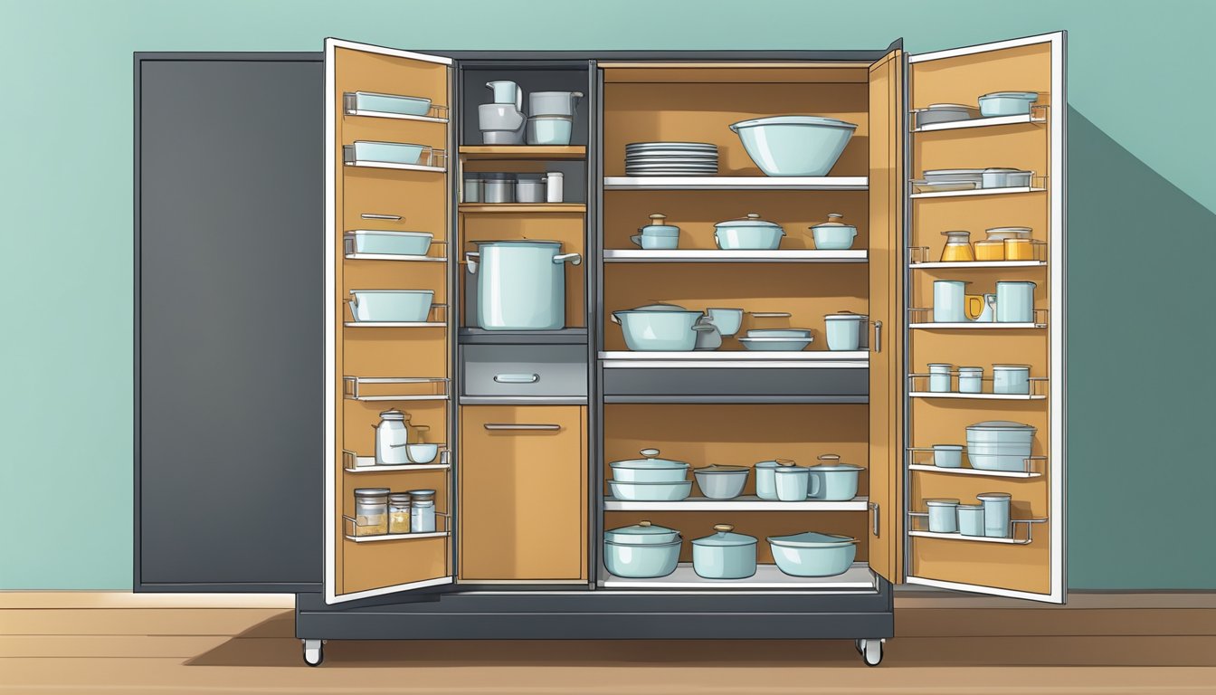A moveable kitchen cabinet opens to reveal organized shelves and compartments, ready to answer any frequently asked questions