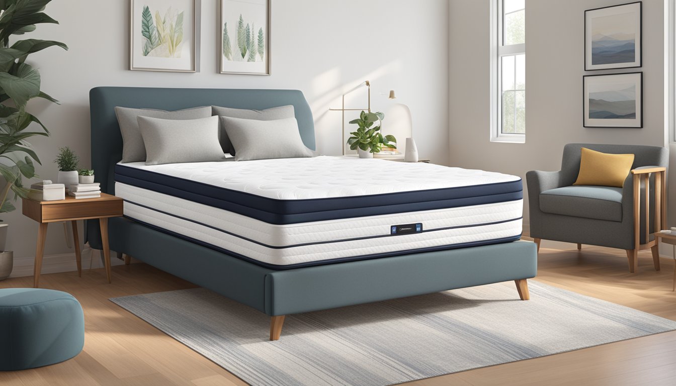 A Super Single Mattress sits in a spacious room, surrounded by various bedding options. The mattress size label is prominently displayed