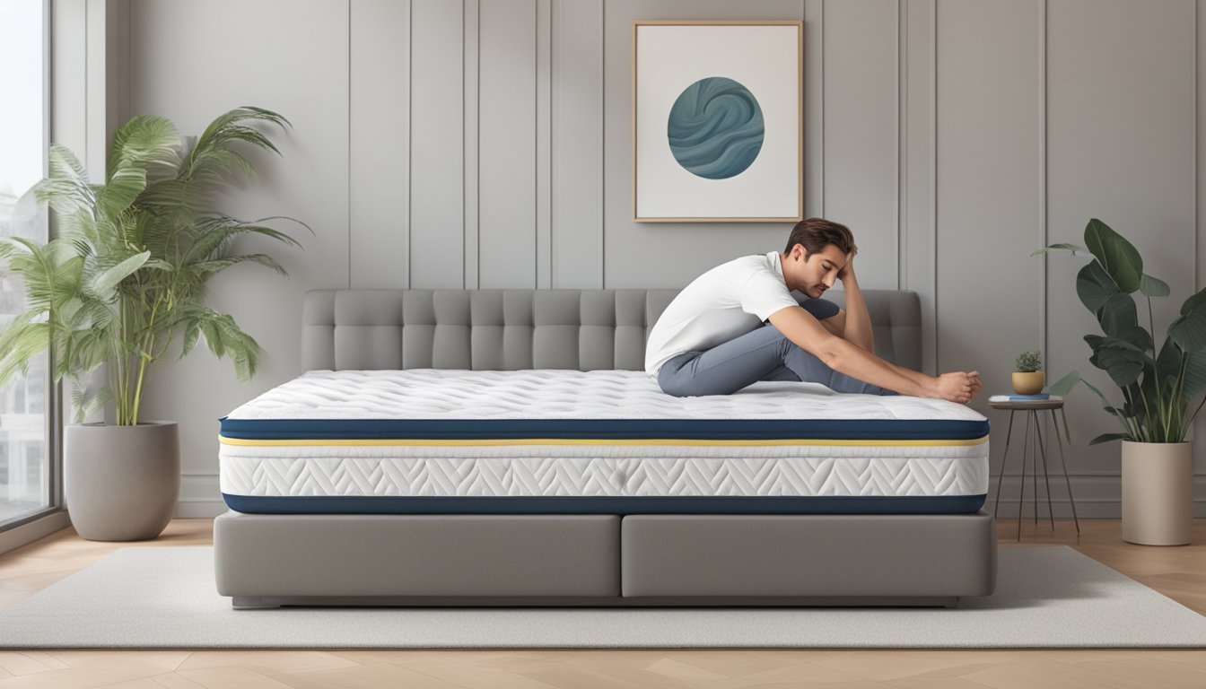 A person lying on a mattress, with a neutral facial expression, surrounded by various mattresses of different firmness levels