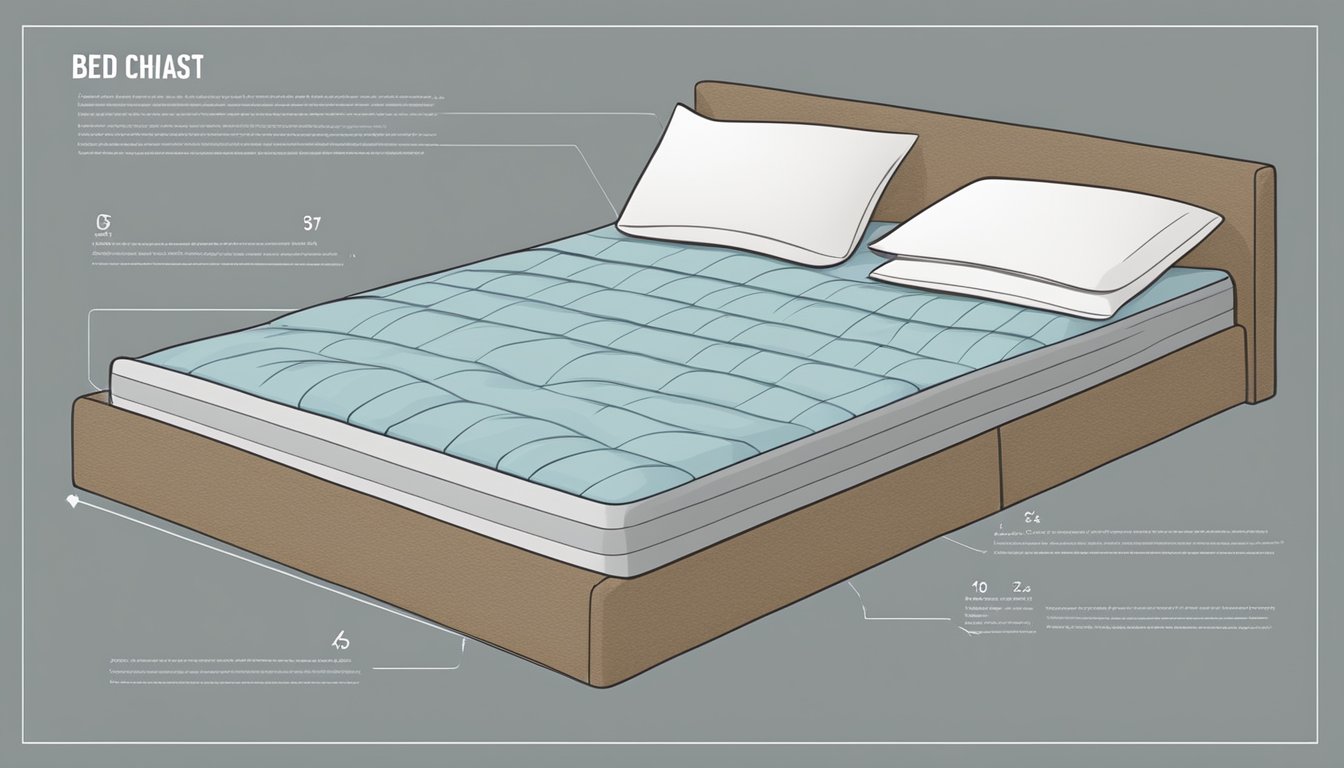 A bed size chart displayed with various mattress dimensions in inches, surrounded by different types of mattresses to illustrate choosing the right one