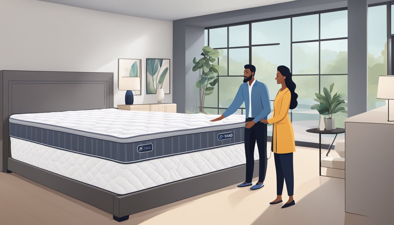 A couple stands in a showroom, comparing king and queen mattress sizes. They test the firmness and comfort of each, surrounded by various mattress options