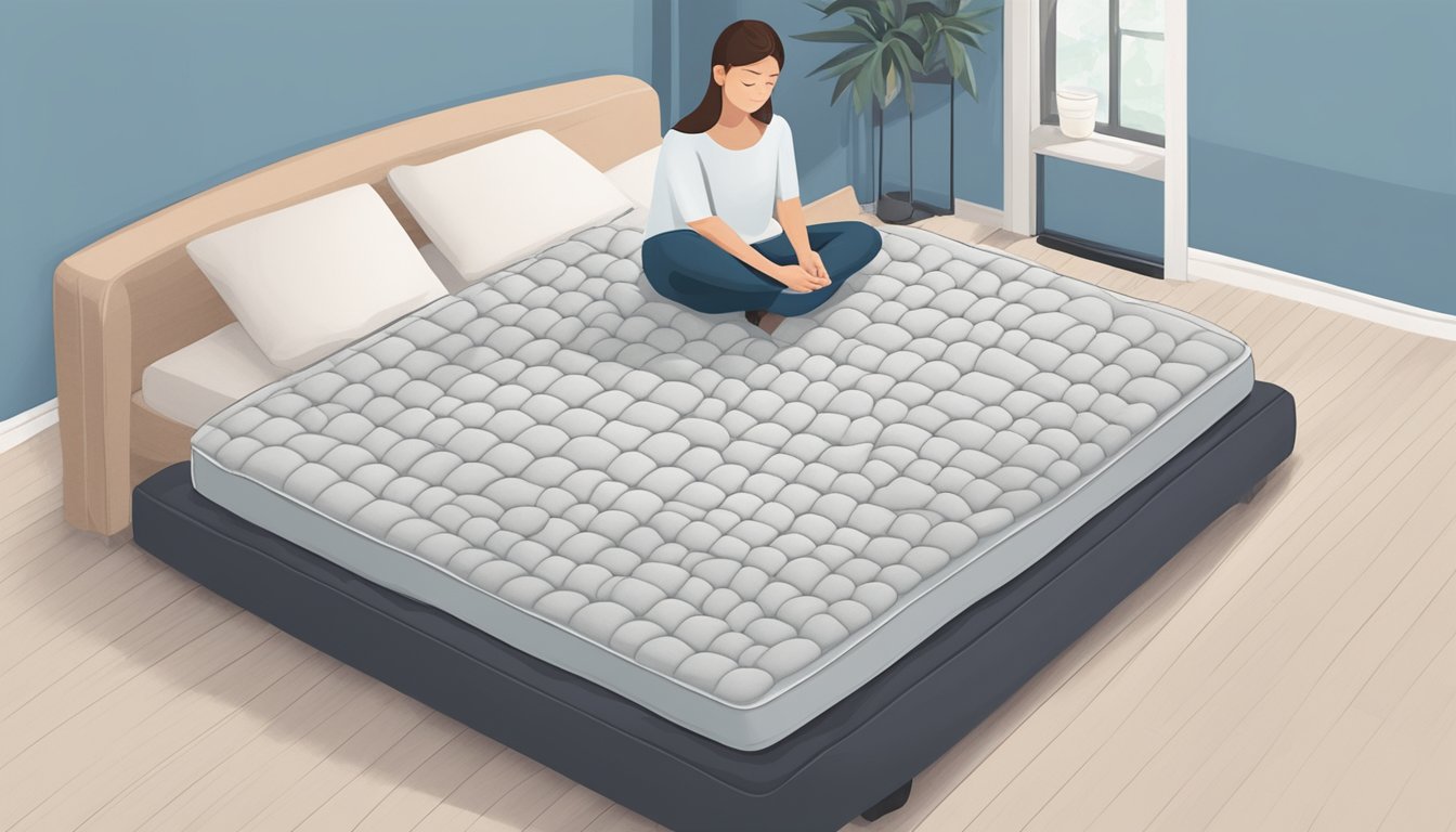A person sits on a mattress, comparing firm and soft options. They carefully consider the material and design for back pain relief