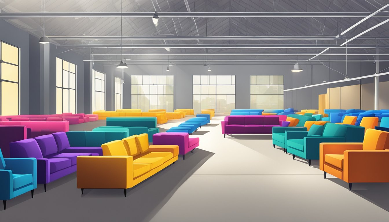 A spacious warehouse with rows of colorful sofas on sale. Bright lights illuminate the display, casting long shadows on the concrete floor