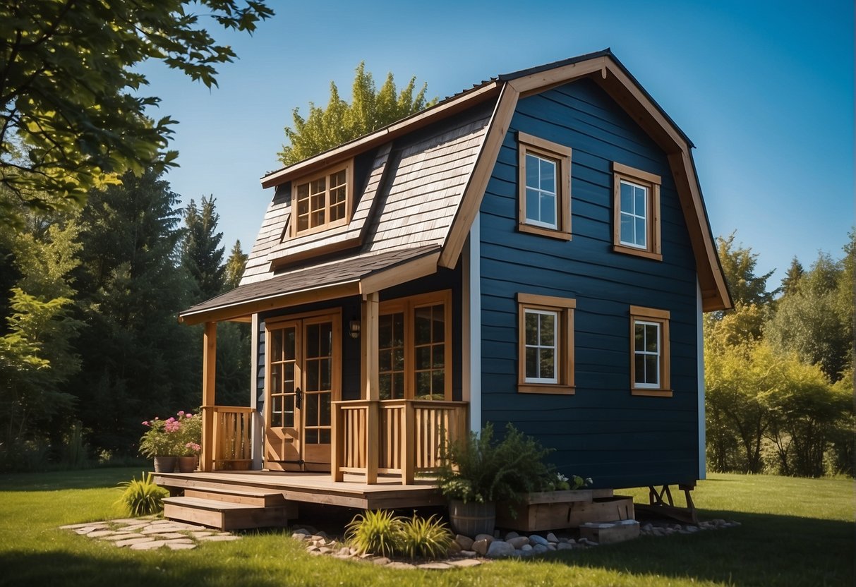 A cozy tiny house nestled in a serene natural setting, surrounded by lush greenery and a clear blue sky