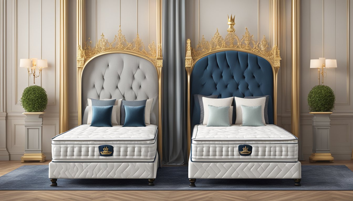 A regal king and queen mattress stand side by side, with a crown symbol above each, against a royal backdrop