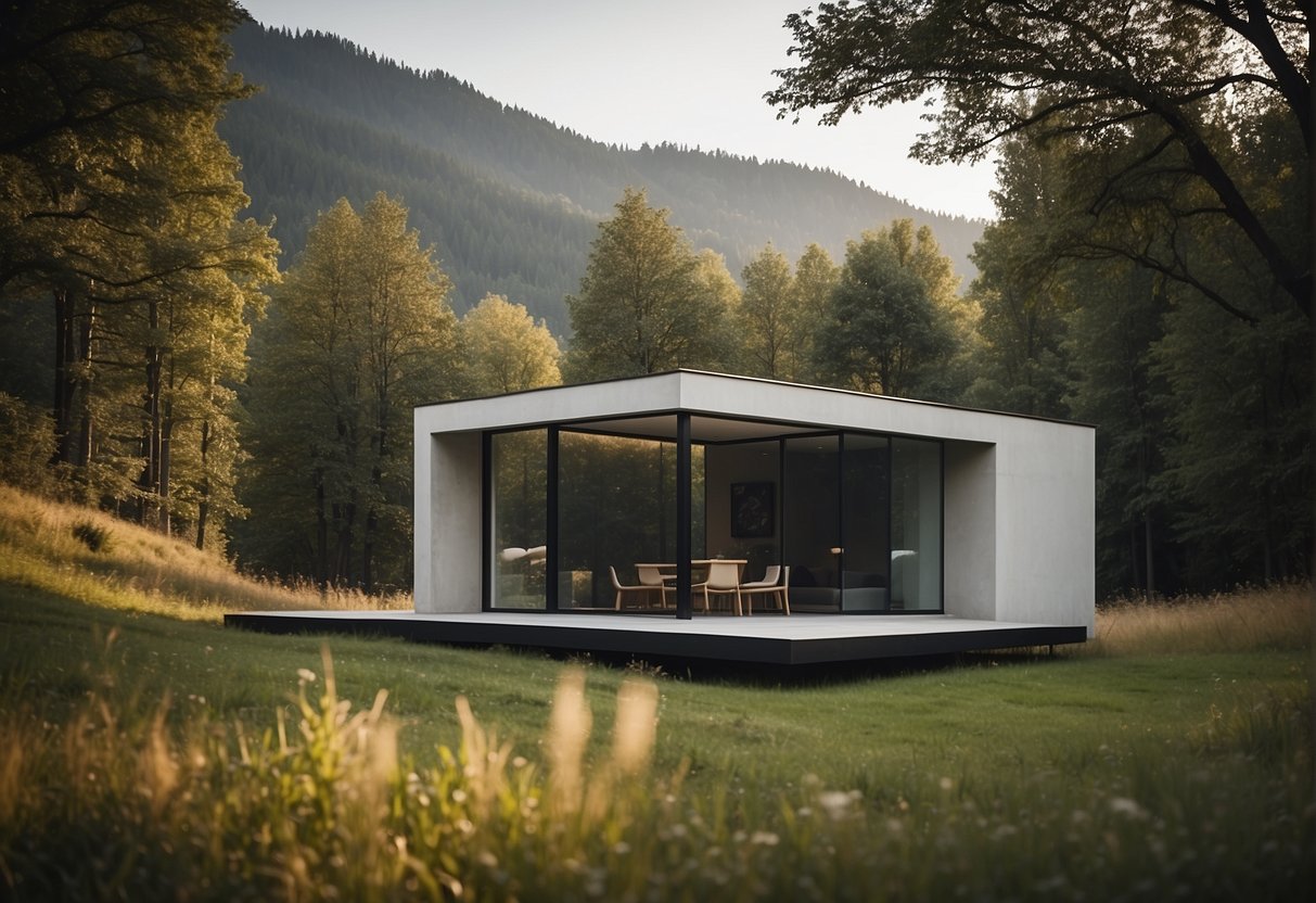 A small, minimalist house nestled in nature, surrounded by trees and a serene landscape, symbolizing simplicity and sustainability