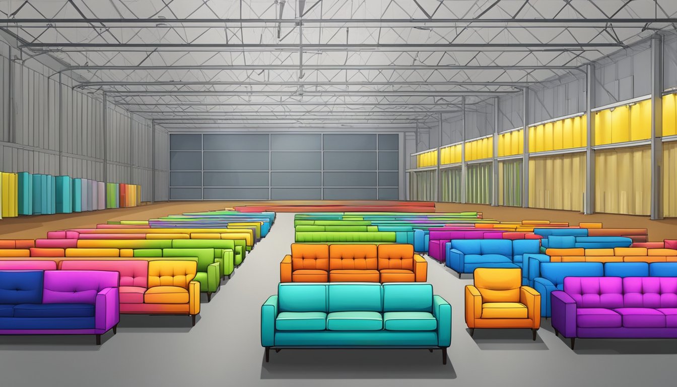 The large warehouse is filled with rows of colorful sofas, arranged neatly for the sale. Bright lights illuminate the space, highlighting the variety of styles and sizes available