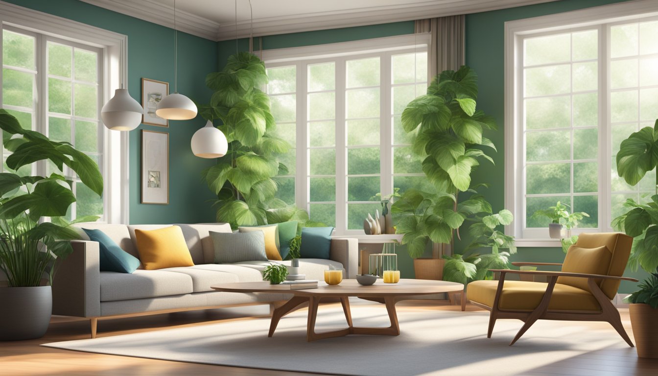 A modern living room with sleek air coolers, surrounded by lush green plants and natural light streaming in from large windows