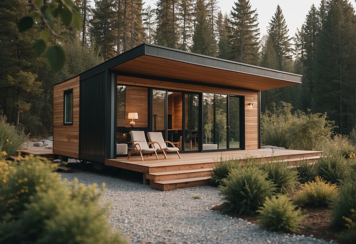 A modern tiny house surrounded by nature, facing challenges of sustainability and minimalism