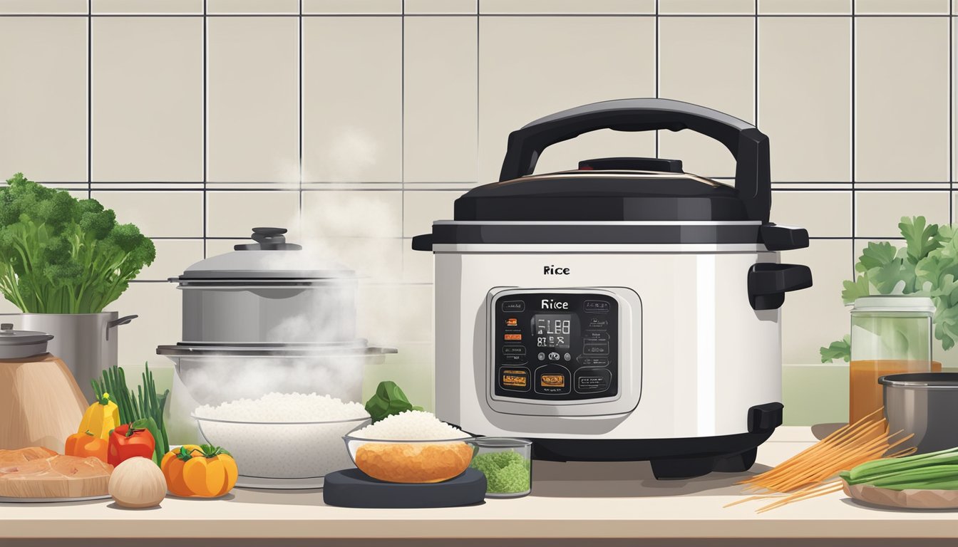 A rice cooker sits on a kitchen counter, steam escaping from its lid. Next to it are various ingredients like rice, vegetables, and meat, ready to be cooked into a delicious meal