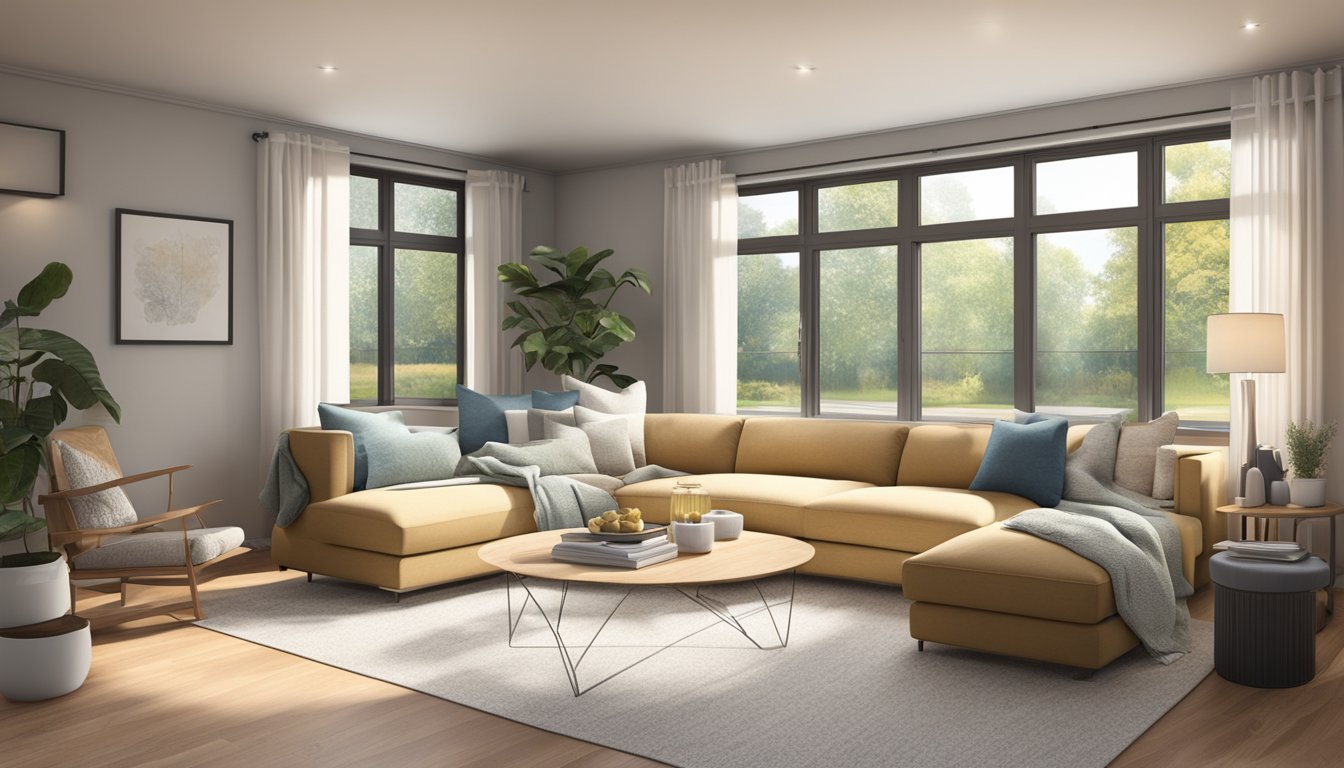 A spacious living room with an L-shaped sofa, placed against a large window with natural light streaming in. The sofa is adorned with plush throw pillows and a cozy blanket, creating a comfortable and inviting seating area