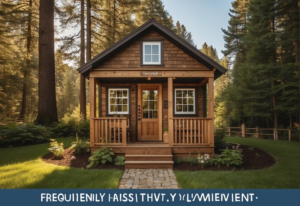 A quaint tiny house nestled in a serene natural setting, surrounded by trees and a clear blue sky, with a small sign reading "Frequently Asked Questions: What is the tiny house movement" displayed prominently