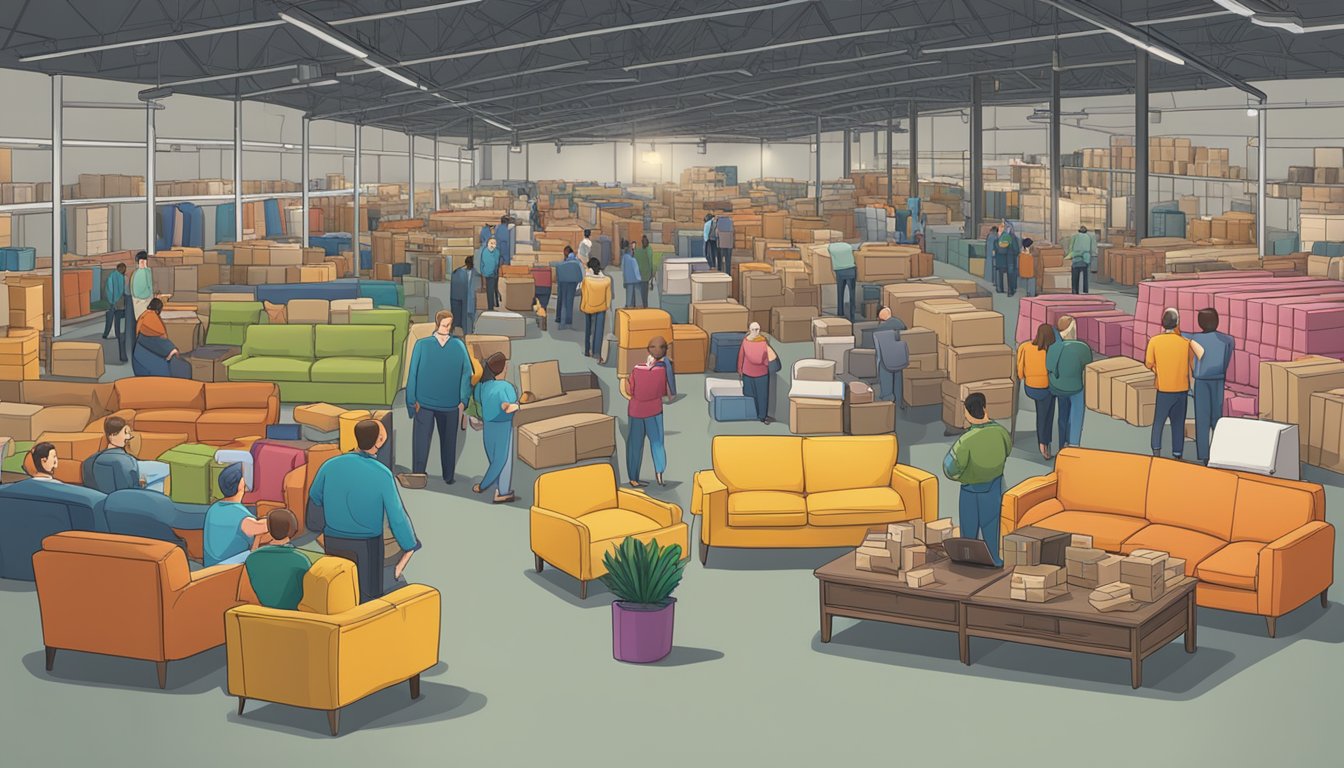 A crowded warehouse with rows of sofas, signs advertising a sale, and customers browsing and asking questions