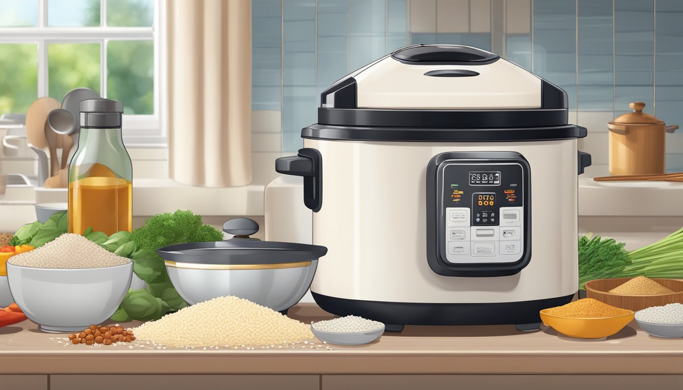 A rice cooker sits on a kitchen counter, steam escaping from its lid as fluffy grains of rice spill out onto a plate. Surrounding the cooker are various ingredients and spices, ready to be used in a delicious rice cooker recipe