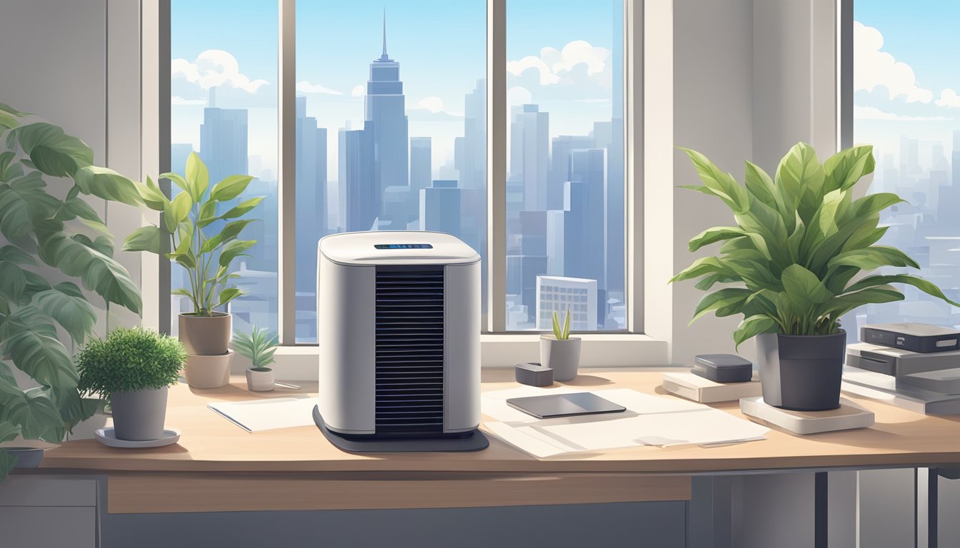 A sleek, modern air cooler sits atop a clean, clutter-free desk in a well-lit office setting, surrounded by potted plants and a large window with a view of the city skyline