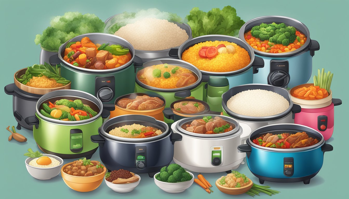 A colorful array of steaming rice cooker meals, featuring vibrant vegetables, succulent meats, and aromatic spices, sizzling and simmering in the kitchen