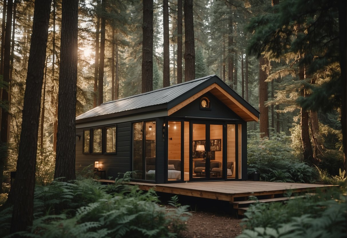A cozy tiny house sits nestled among towering trees in a lush forest, its small size emphasized by the surrounding natural elements