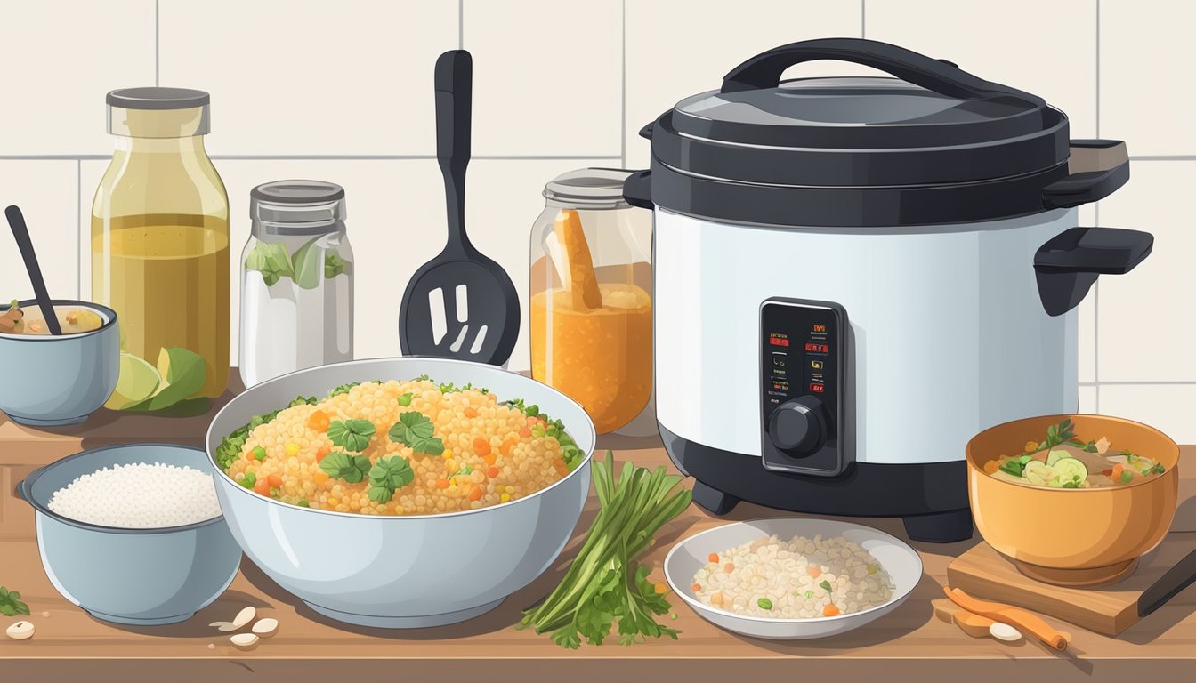 A rice cooker surrounded by various ingredients and utensils, with a steaming pot of freshly cooked meal next to it