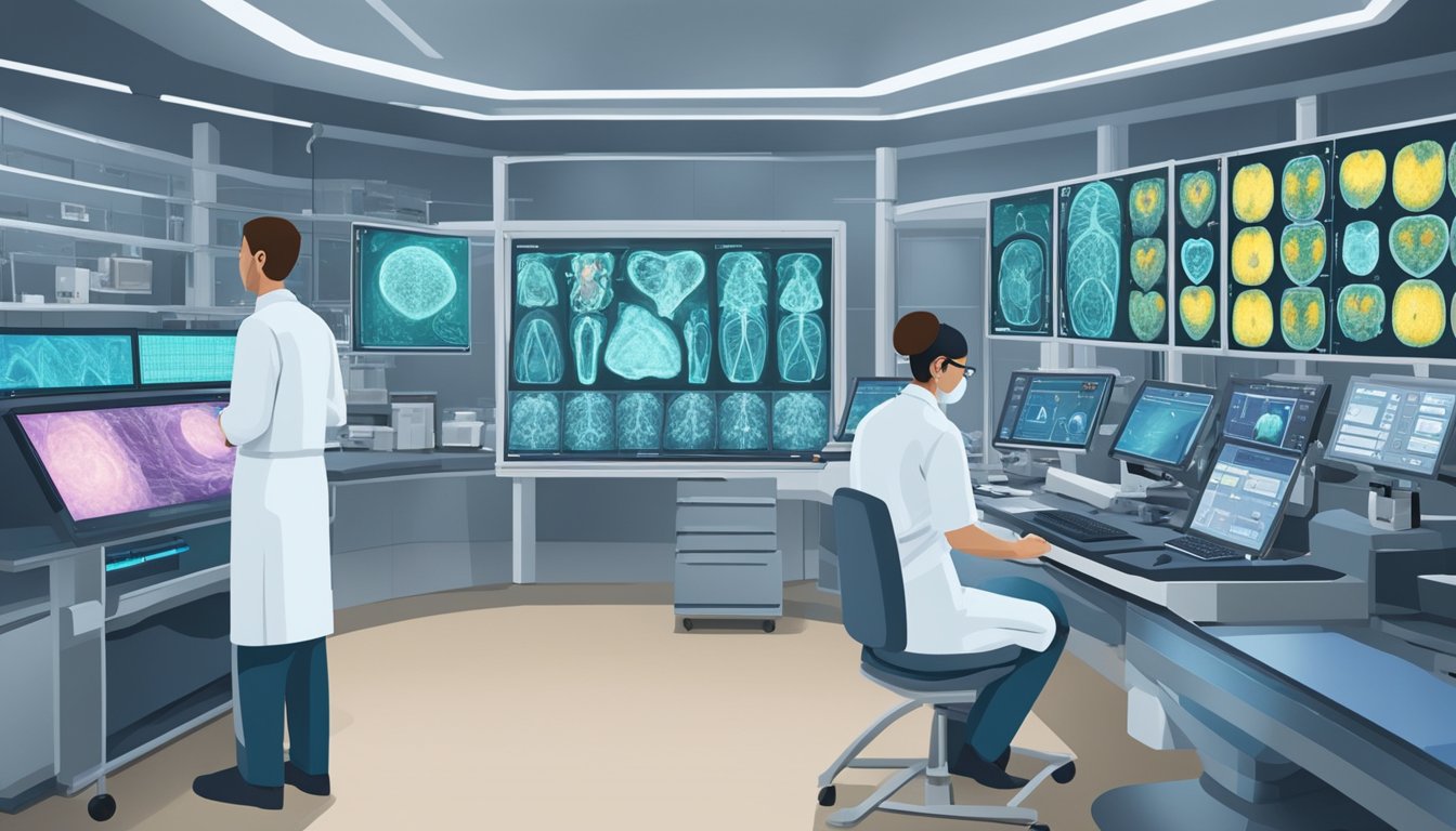 A lab technician operates a state-of-the-art nuclear imaging machine for a cardiac scan. The room is filled with advanced medical equipment and monitors displaying intricate heart images