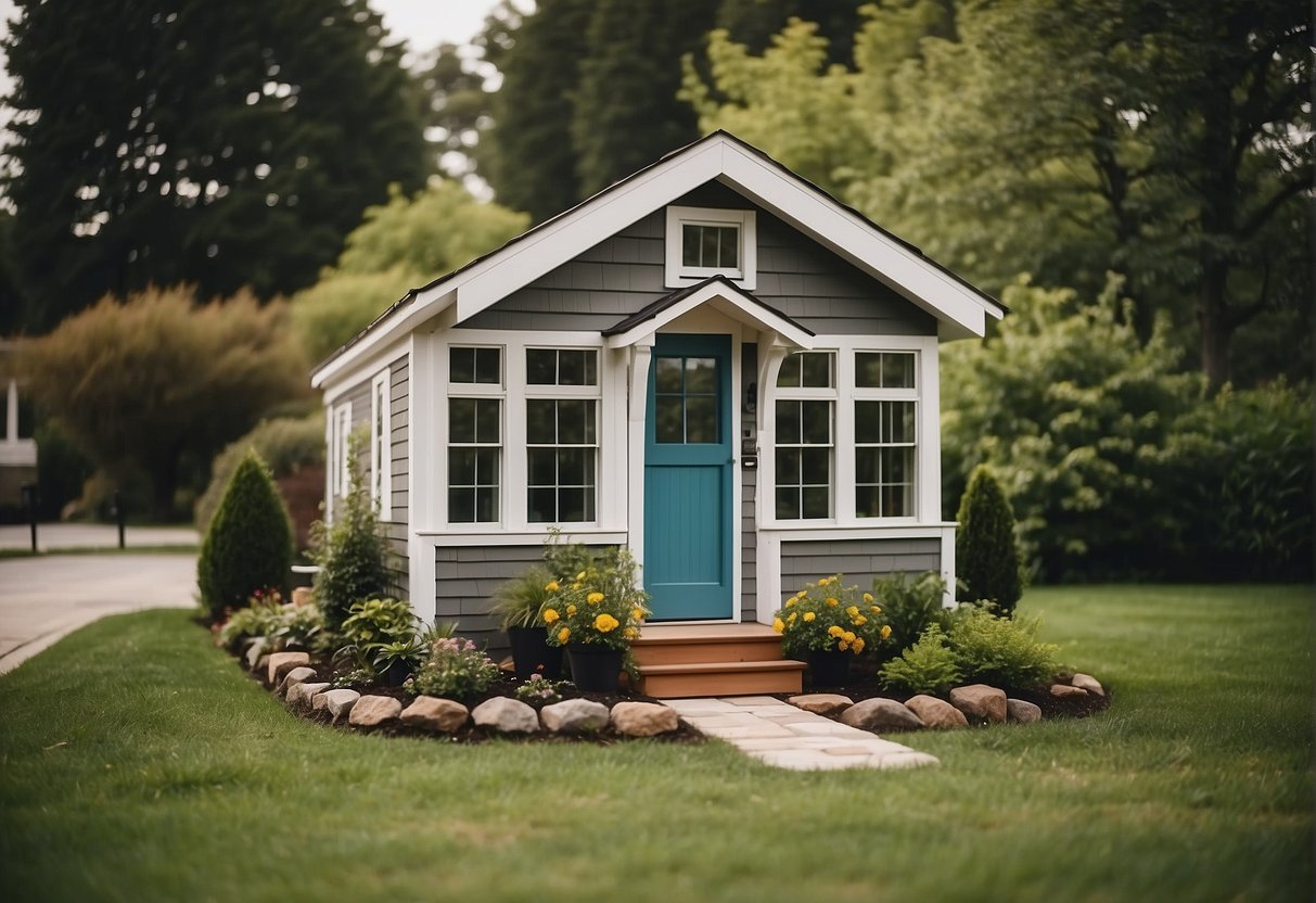 A tiny house sits on a grassy lot, measuring 250 square feet with a peaked roof and a front porch. Windows line the exterior, and a small garden surrounds the home