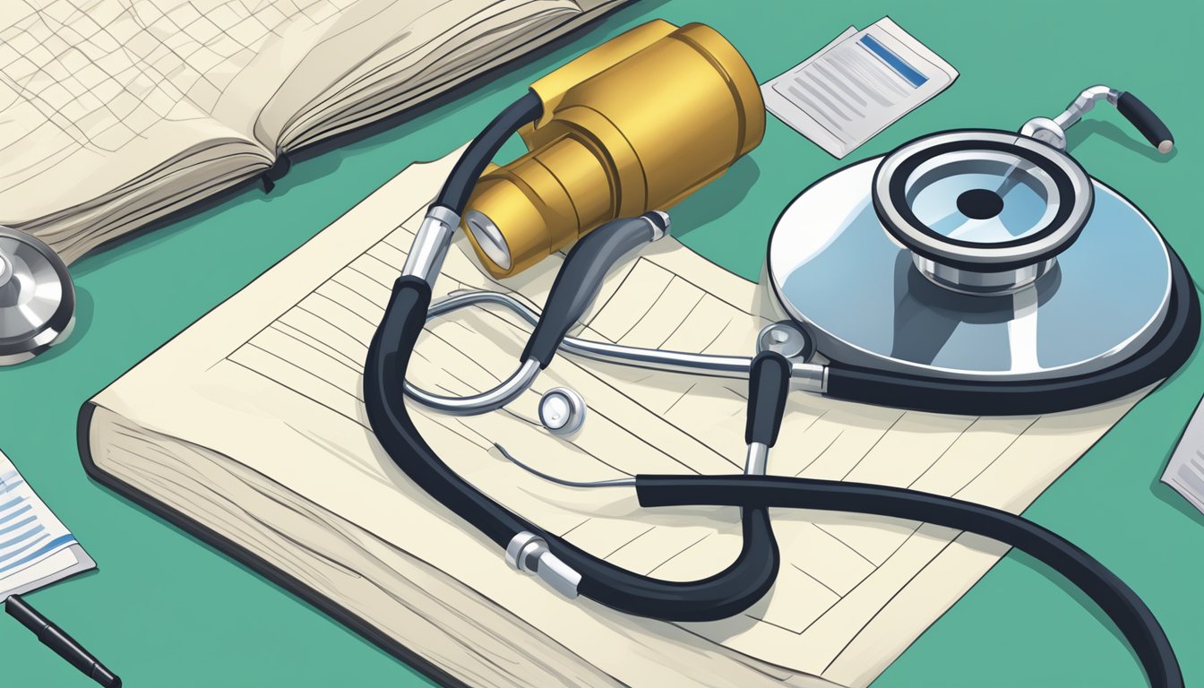 A journal cover with a nuclear symbol, a stethoscope, and legal documents in the background