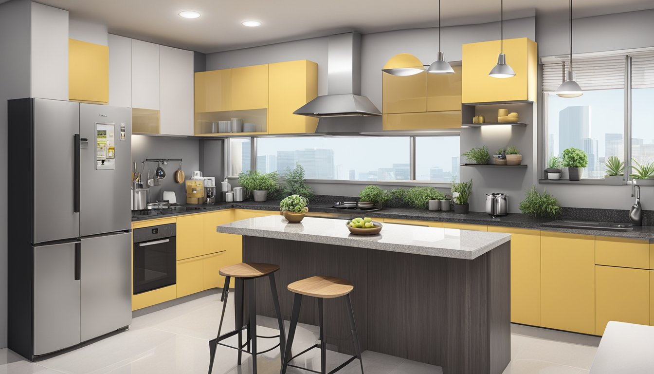 A modern 4-room HDB kitchen with sleek cabinets, granite countertops, and stainless steel appliances. The space is well-lit with pendant lights and features a small dining area