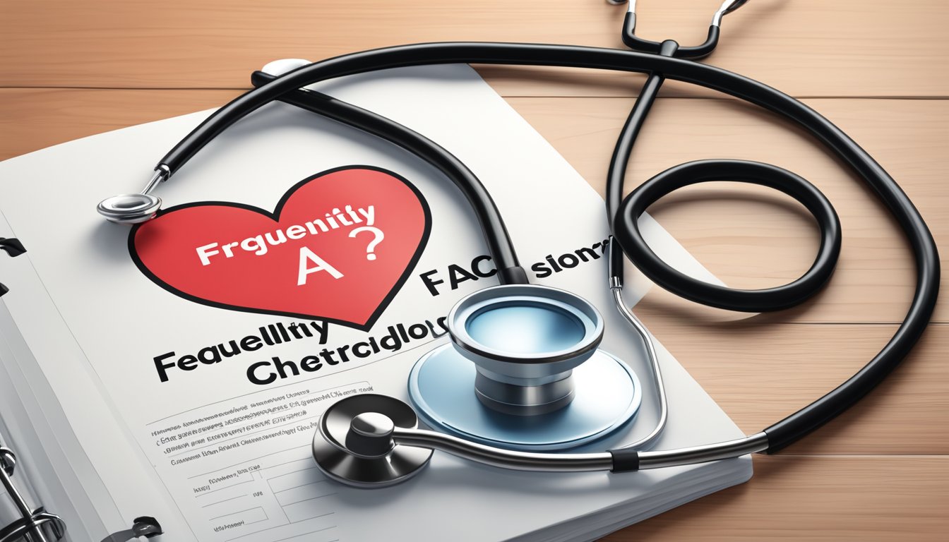 A journal titled "Frequently Asked Questions in Nuclear Cardiology" with a stethoscope and heart-shaped diagram on a desk