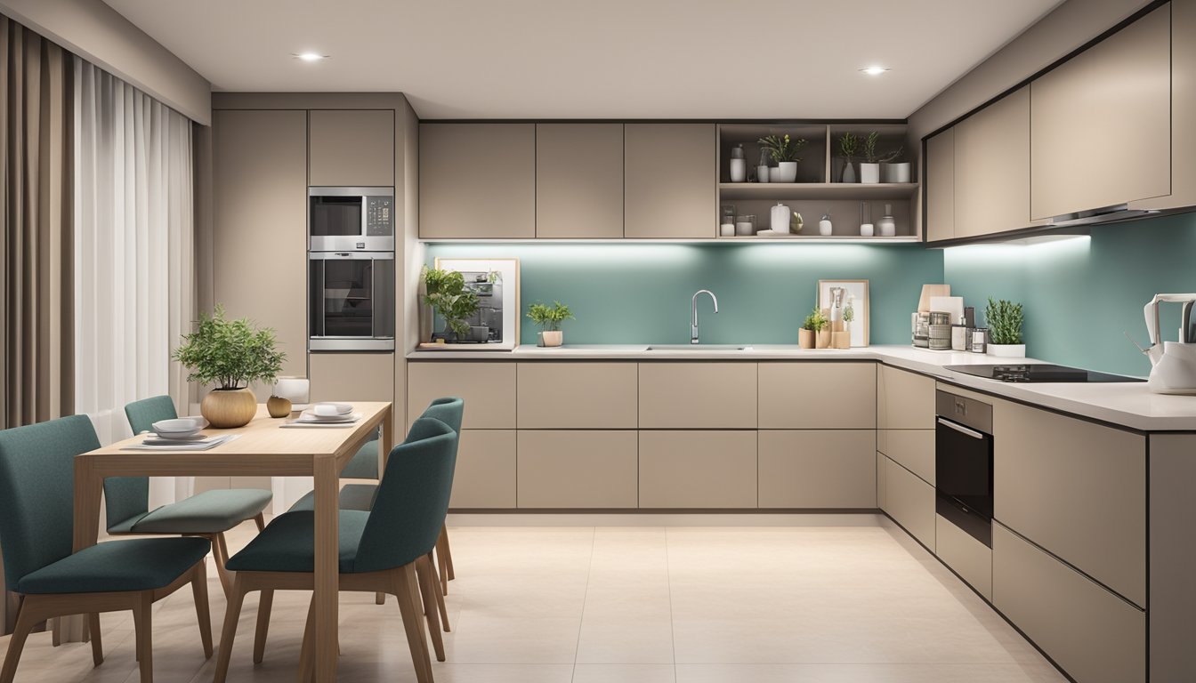 A spacious 4-room HDB kitchen with modern design, ample storage, and functional layout. Bright lighting and sleek appliances complete the contemporary look