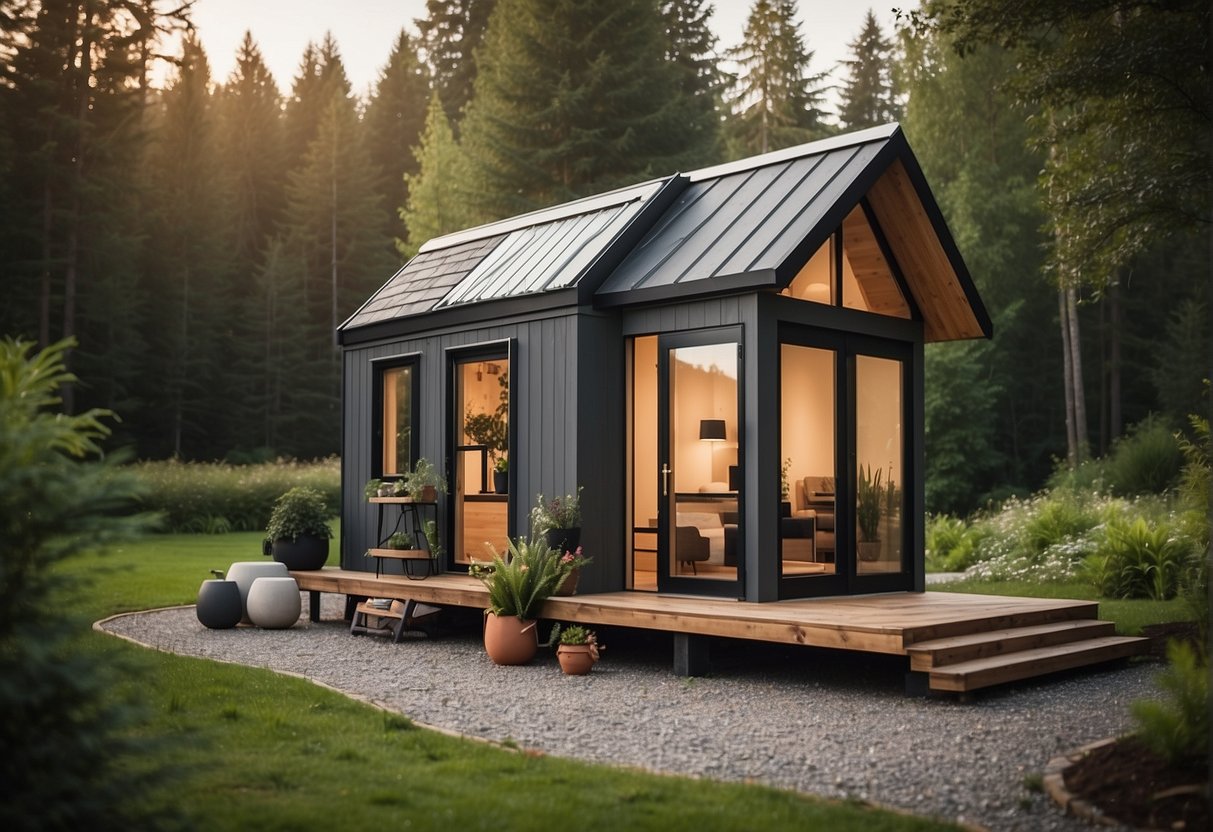 A small, cozy tiny house nestled in a serene natural setting, with a compact footprint and clever space-saving design